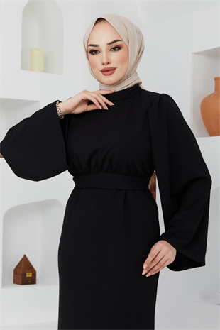 Kemerli Kalem Elbise Siyah – Haza Moda | Tesettür Giyim