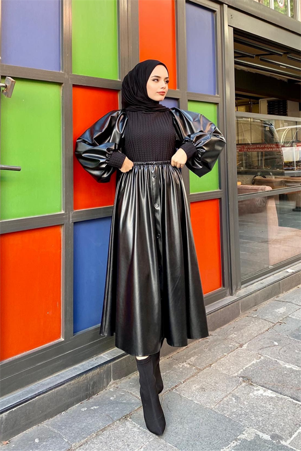 Triko Detay Deri Elbise Siyah – Haza Moda | Tesettür Giyim