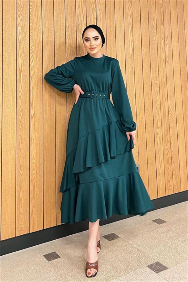 Volanlı Fırfır Elbise Yeşil – Haza Moda | Tesettür Giyim