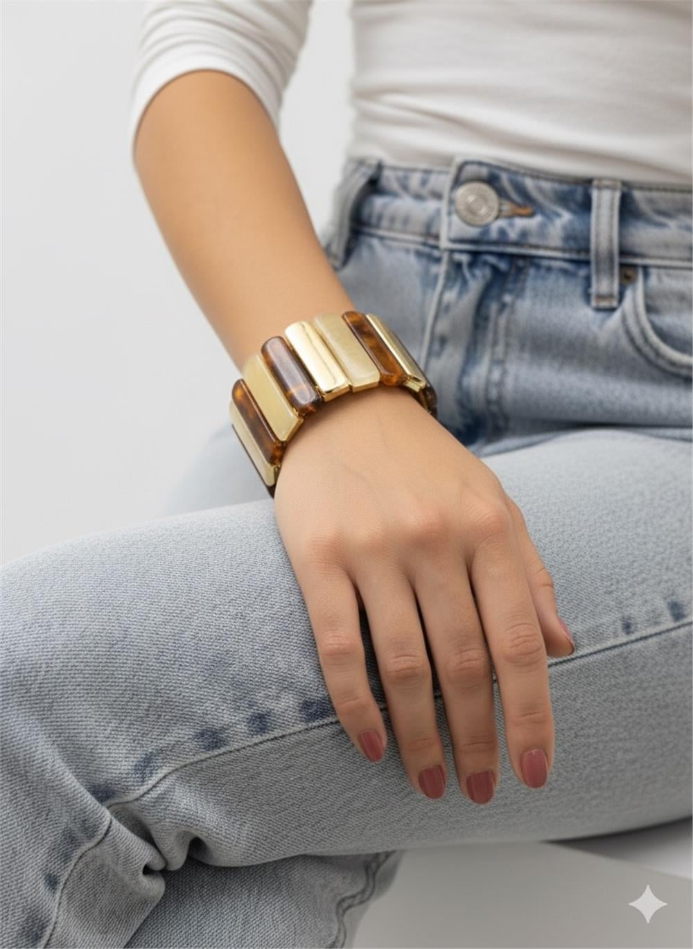 Amber/Kaplumbağa Kabuğu Desenli ve Gold Çubuklu Bileklik