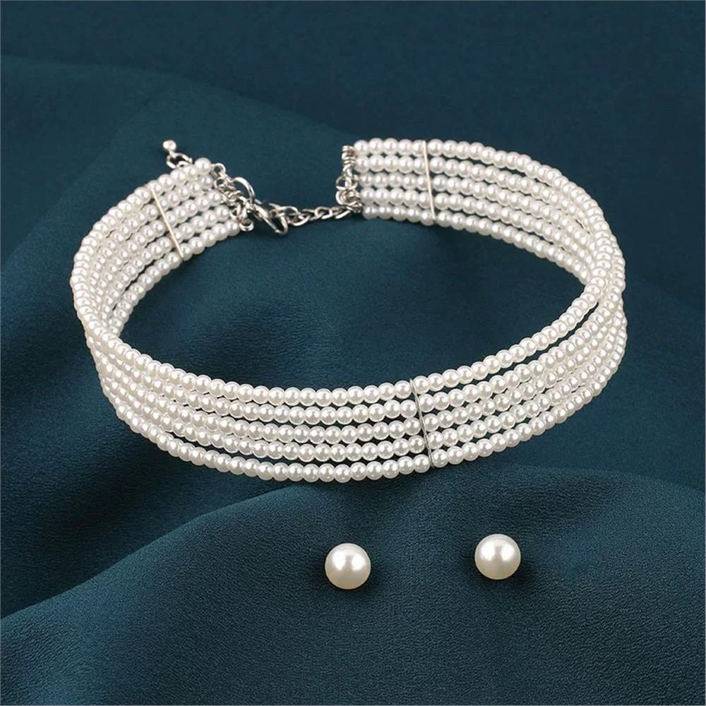 Beş Sıralı Klasik Beyaz İnci Choker Kolye ve Küpe Seti