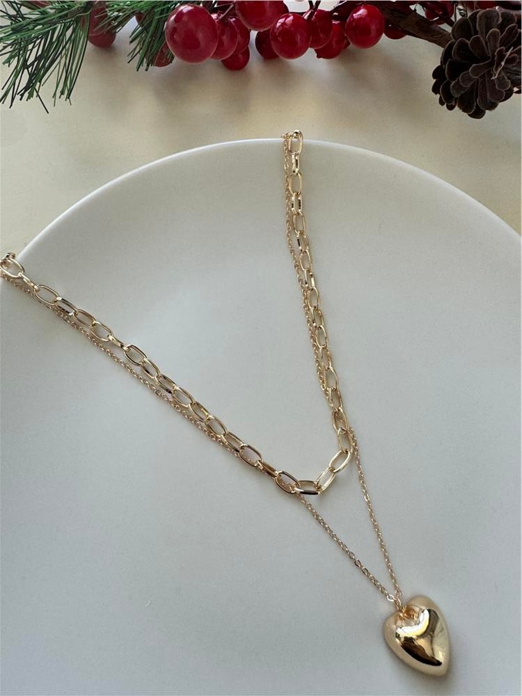 Bombeli Kalp Figürlü 2 Katlı Gold Kolye