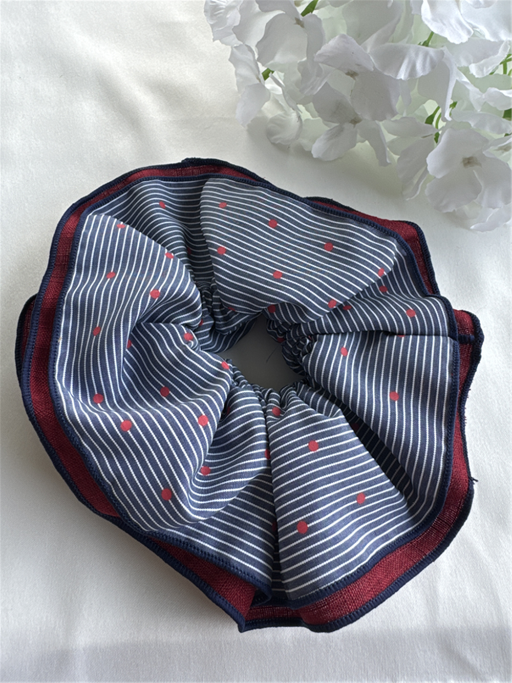 Bordo Denim ve Çizgili Desenli Fırfırlı Lastik Toka