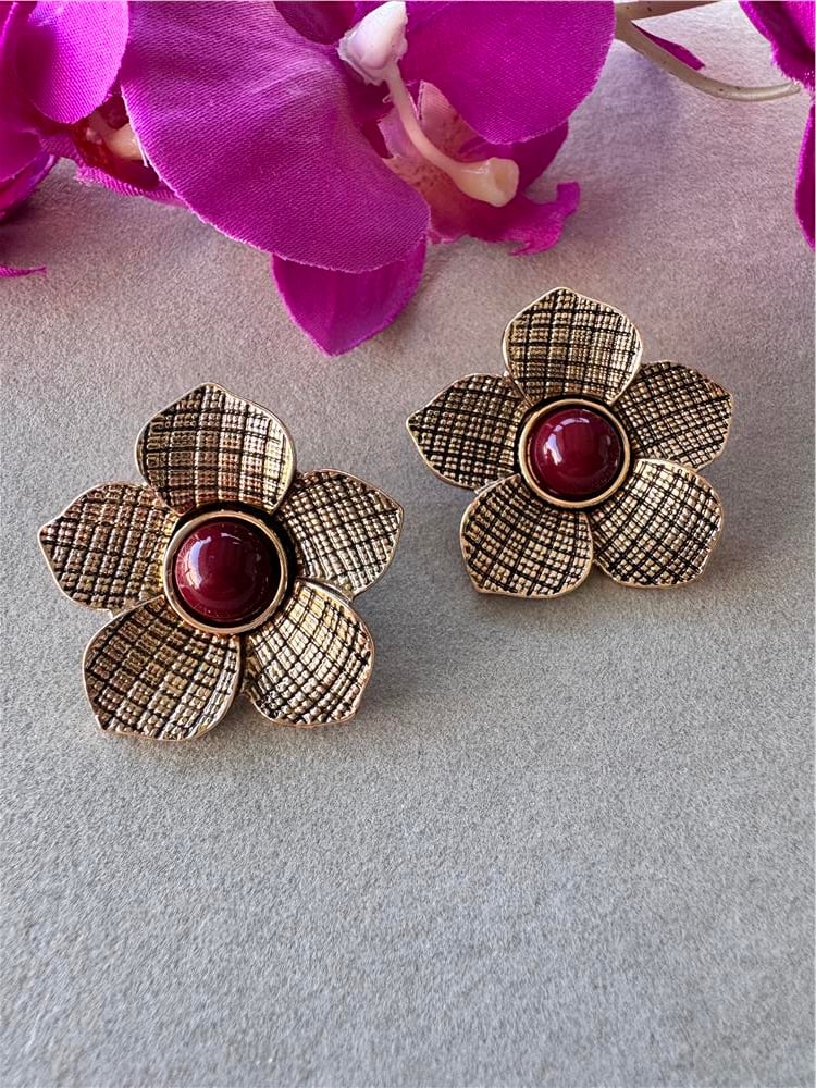 Bordo İncili Bronz Çiçek Küpe