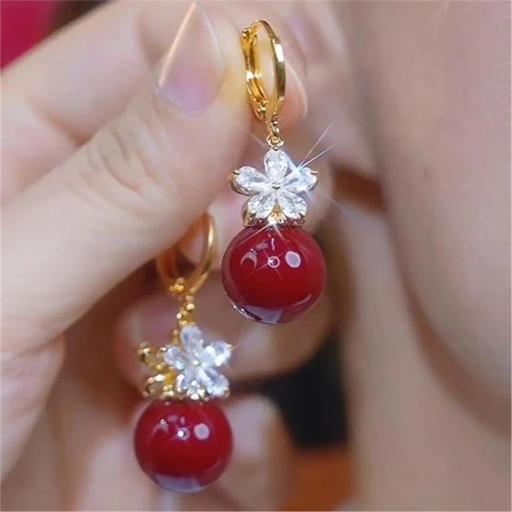 Bordo İncili Kristalli Çiçek Küpe