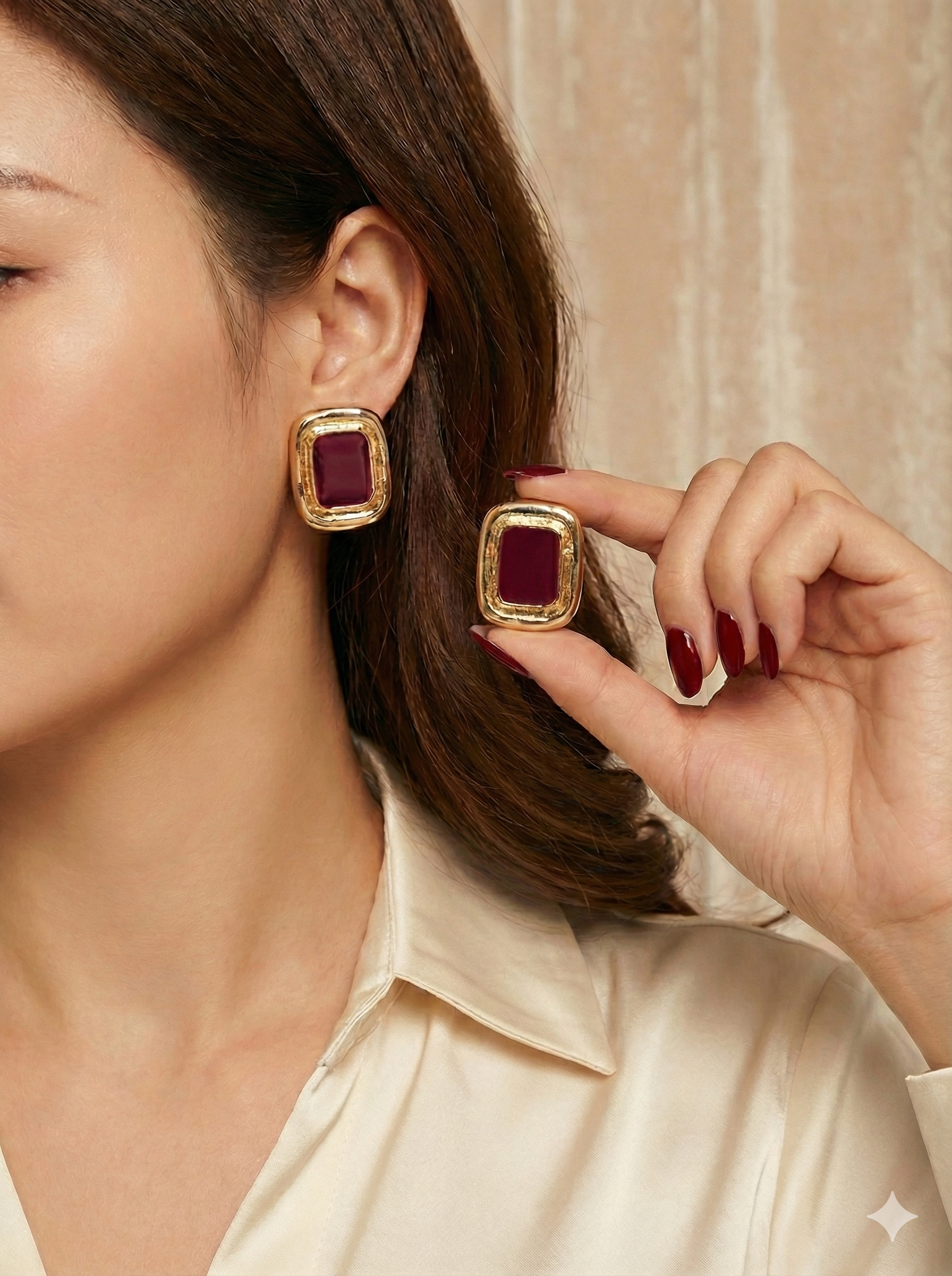 Bordo Mineli Gold Kenarlı Dikdörtgen Küpe