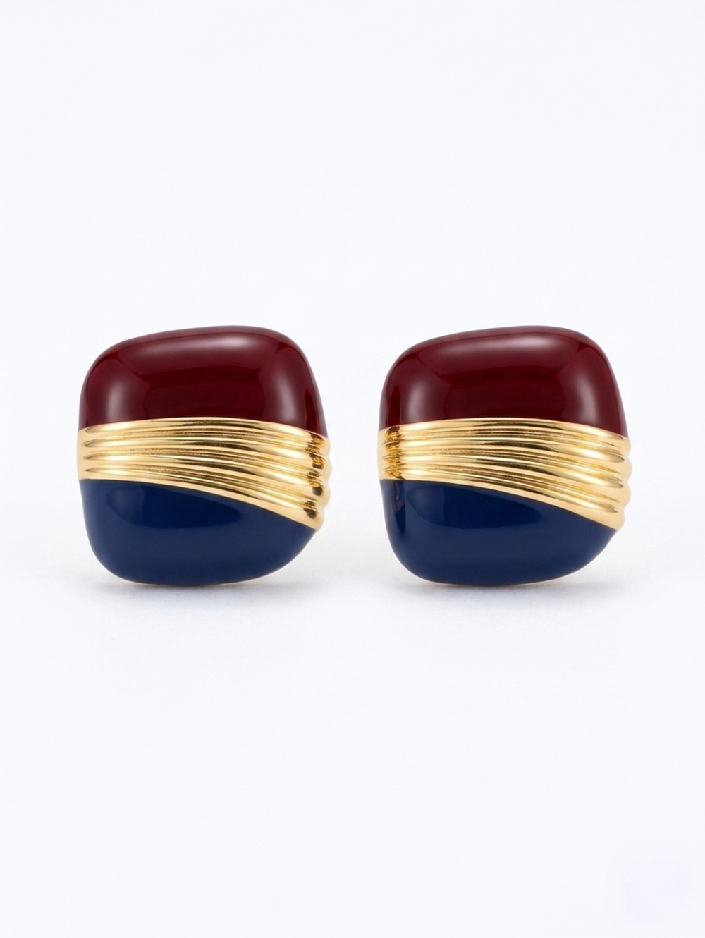 Bordo ve Lacivert Mineli Gold Detaylı Geometrik Küpe