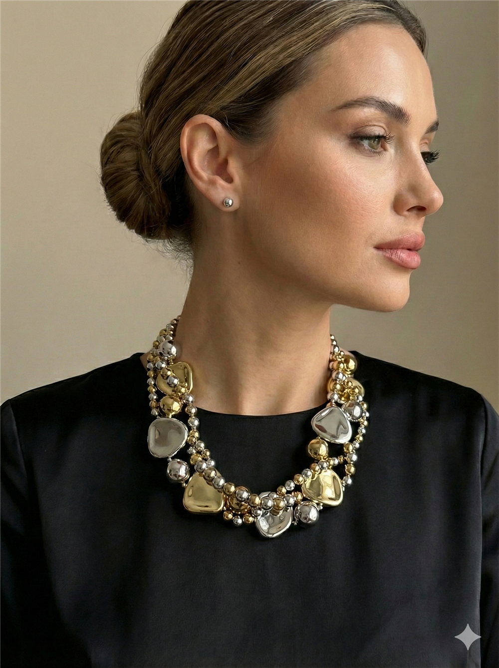 Çift Renk (Gold-Gümüş) İri Metal Boncuklu Statement Kolye