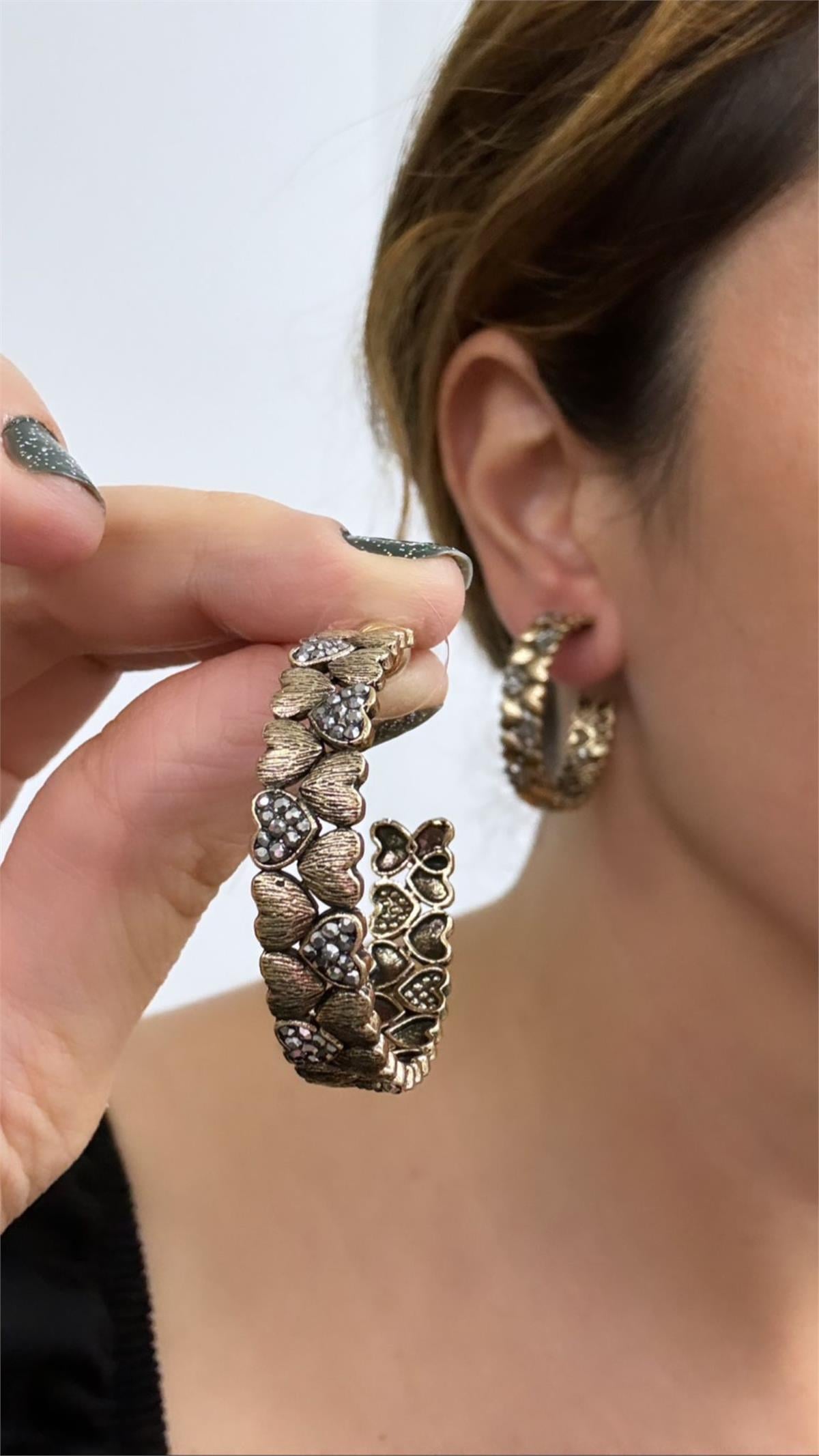 Füme Taşlı Çift Kalpli Bronz Halka Küpe