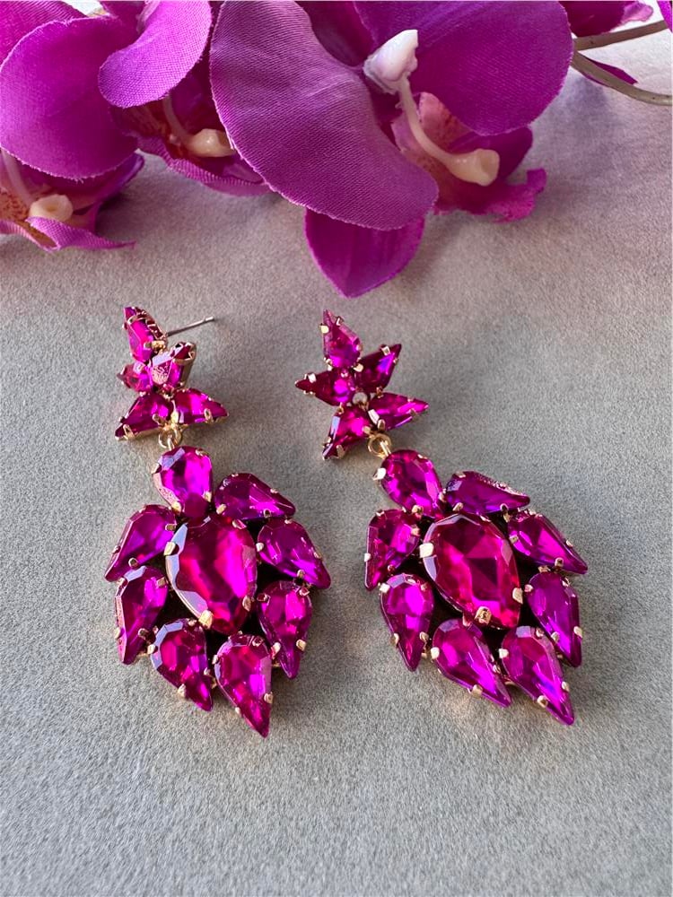 Fuşya Cam Kristalli Küpe