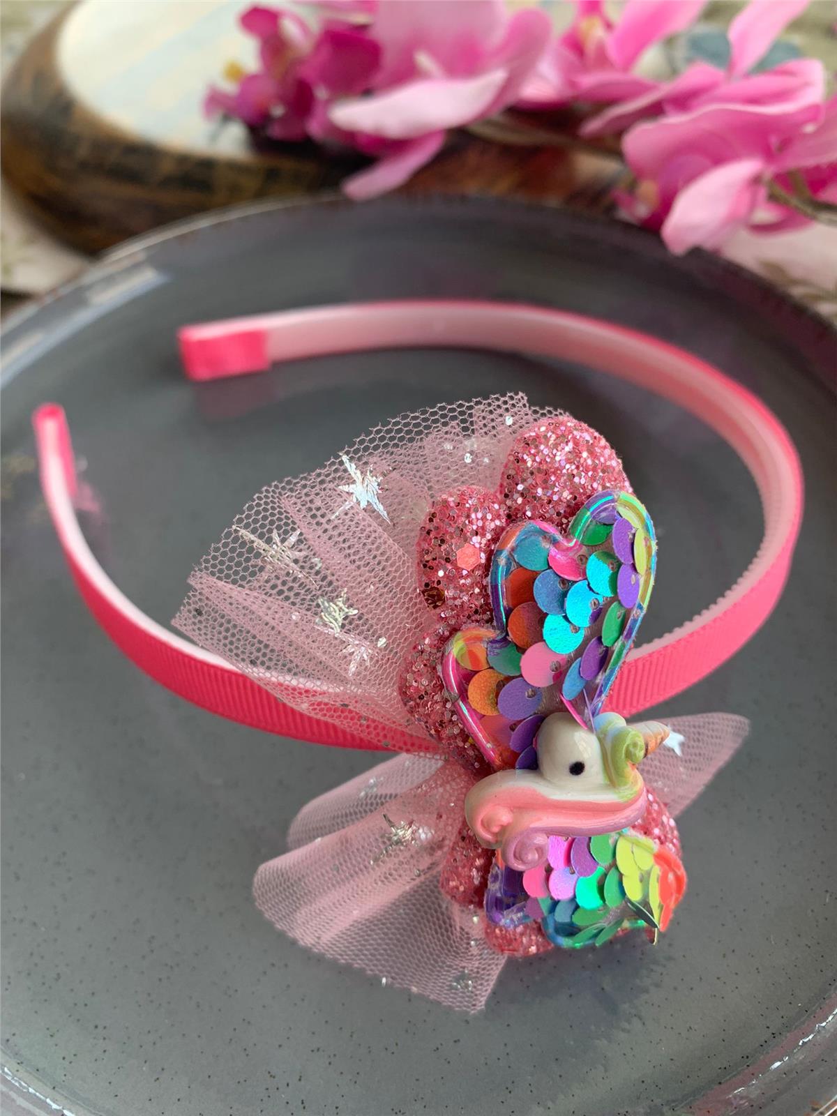 Fuşya Pembe Unicorn Pul ve Tüllü Taç