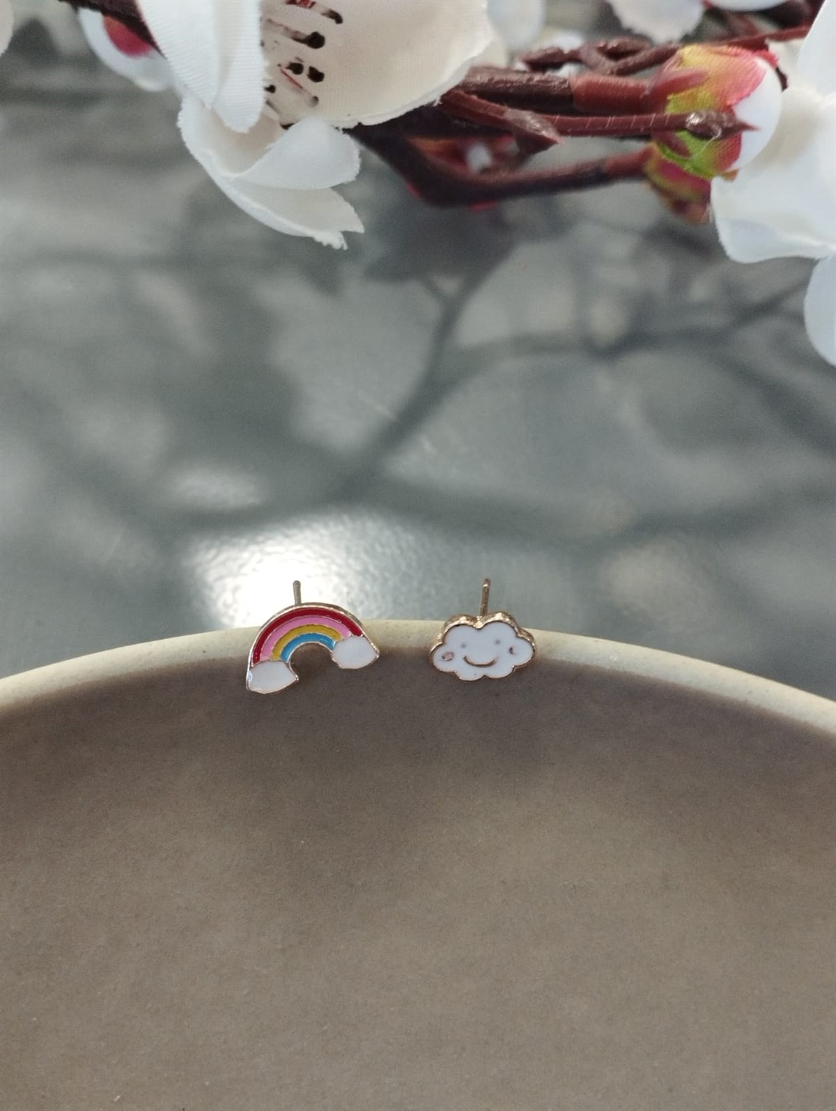 Gökkuşağı ve Bulut Minimal Küpe