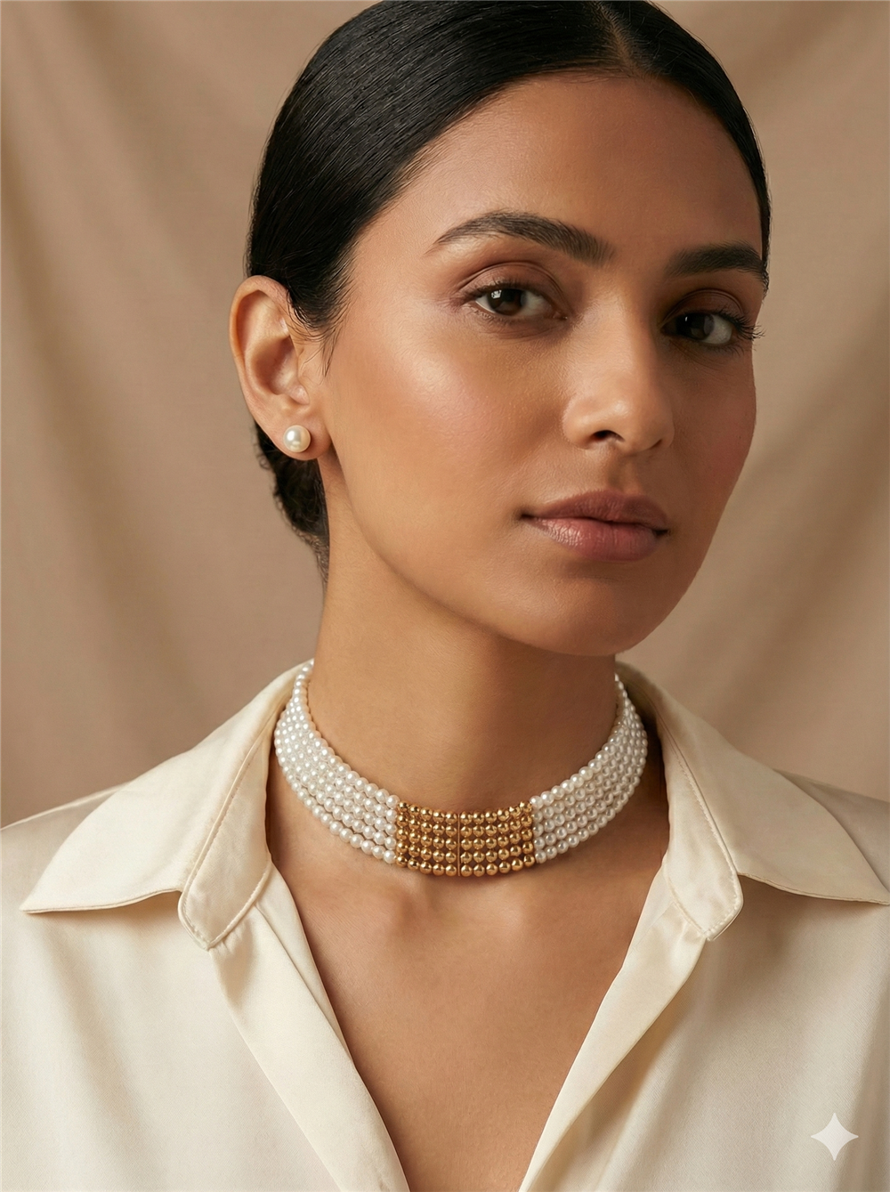 Gold Detaylı Çok Sıralı İnci Choker Set