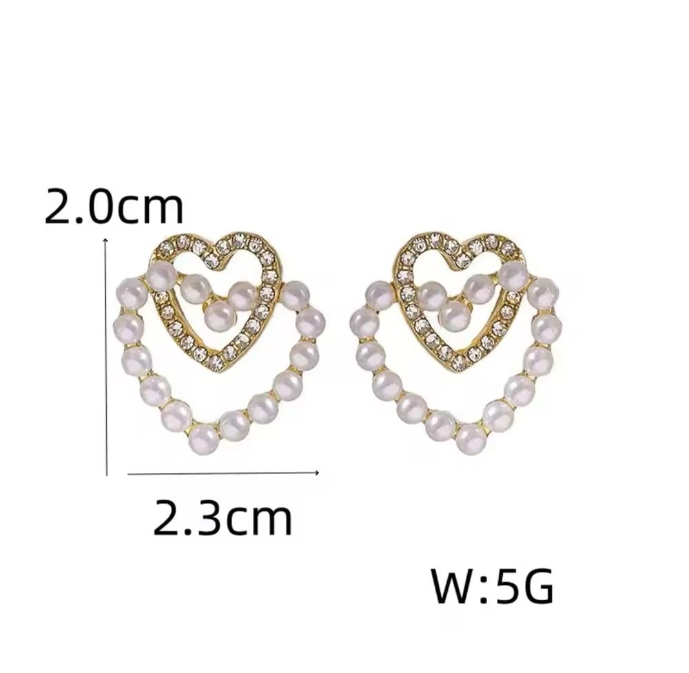 Gold İncili Taşlı İçiçe Kalp Küpe