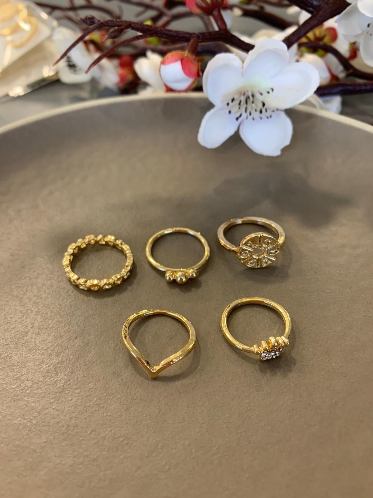 Gold Kristalli 5 Li Vintage Yüzük Seti