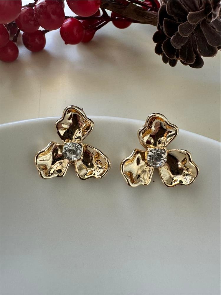 Gold Taşlı Çiçek Küpe