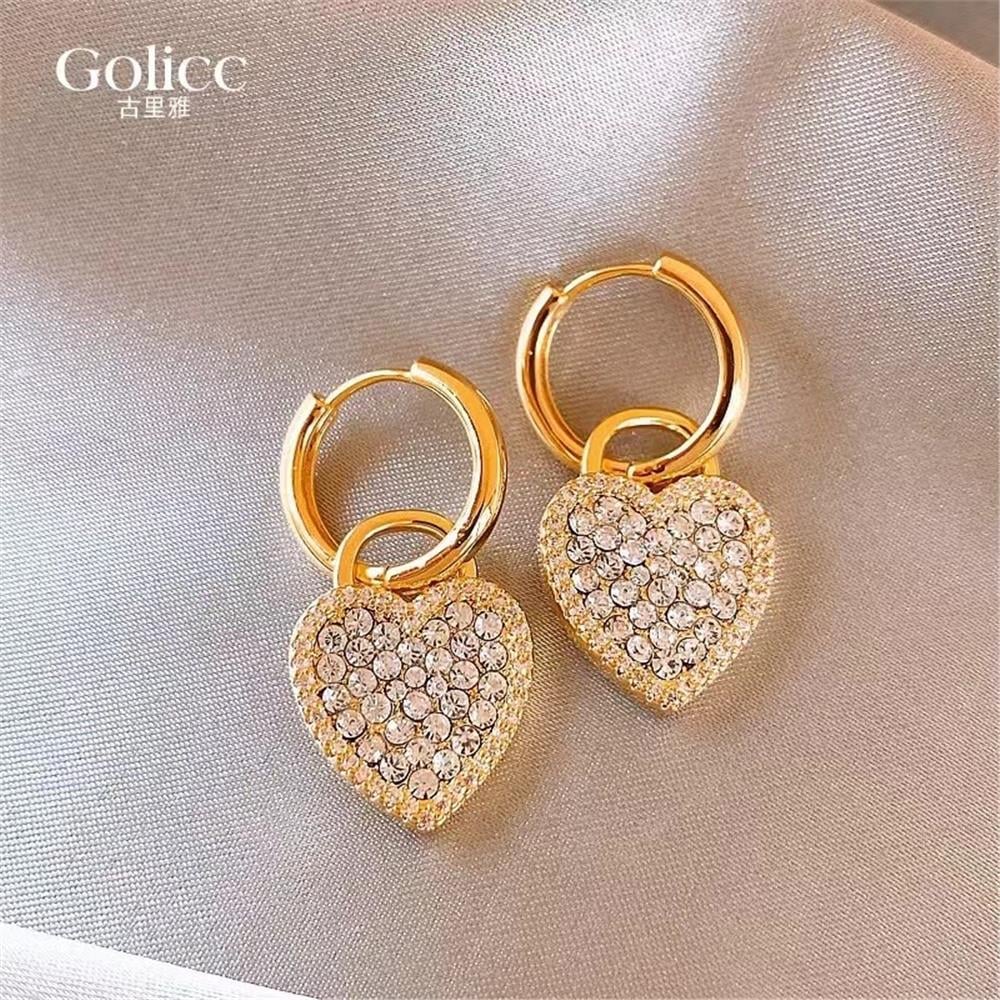 Gold Taşlı Kalp Halka Küpe