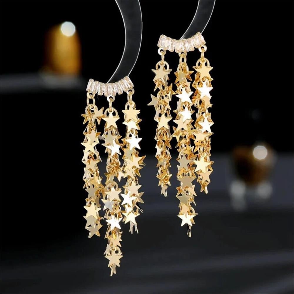 Gold Yıldız Sallantılı Baget Taşlı Şık Küpe