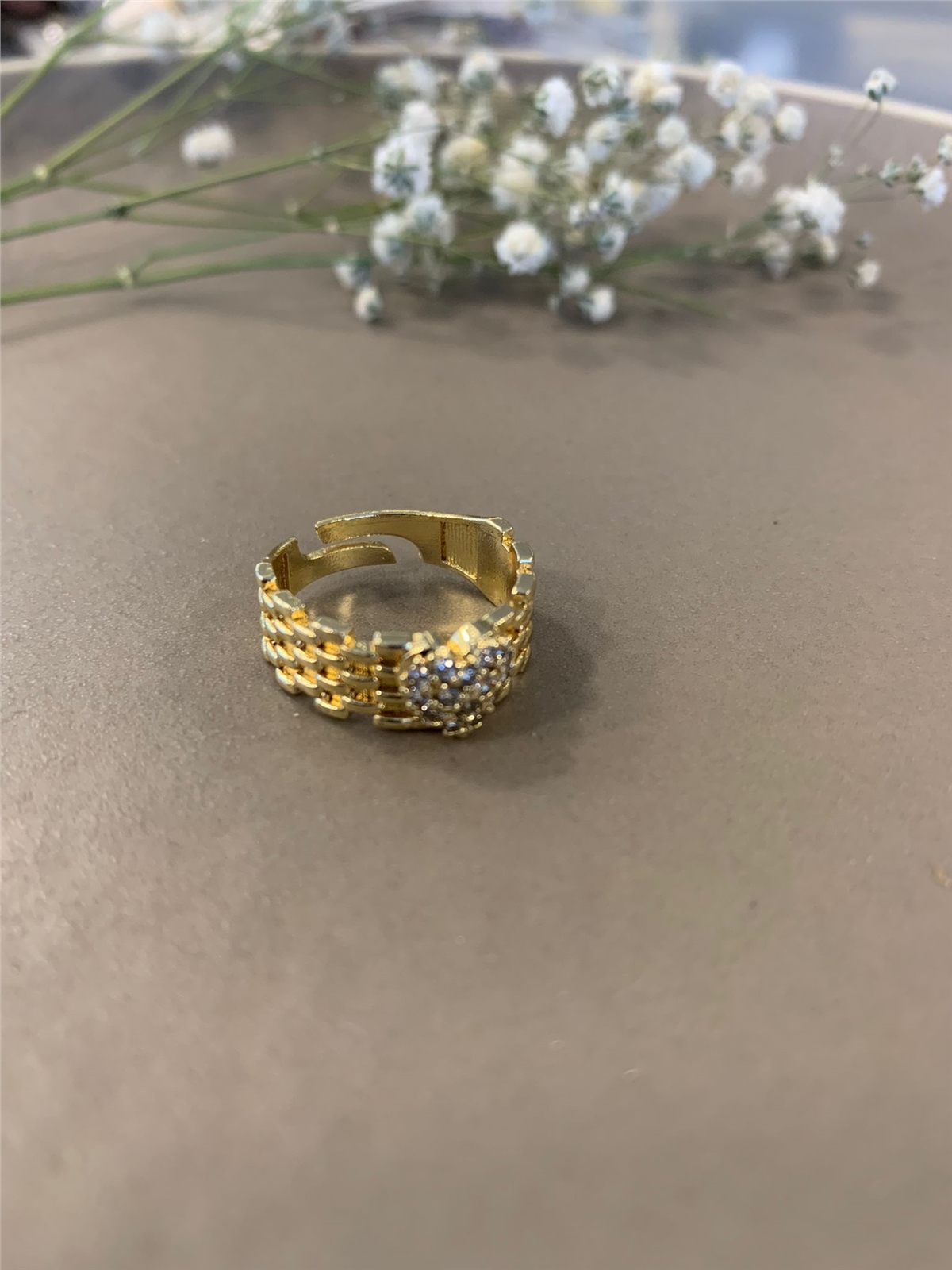 Gold Zirkon Taşlı Örgü Zincir Ayarlanabilir Yüzük