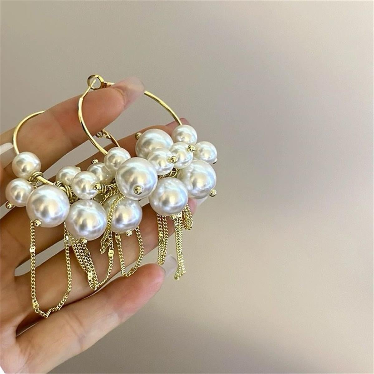 İncili Zincir Saçaklı Halka Küpe