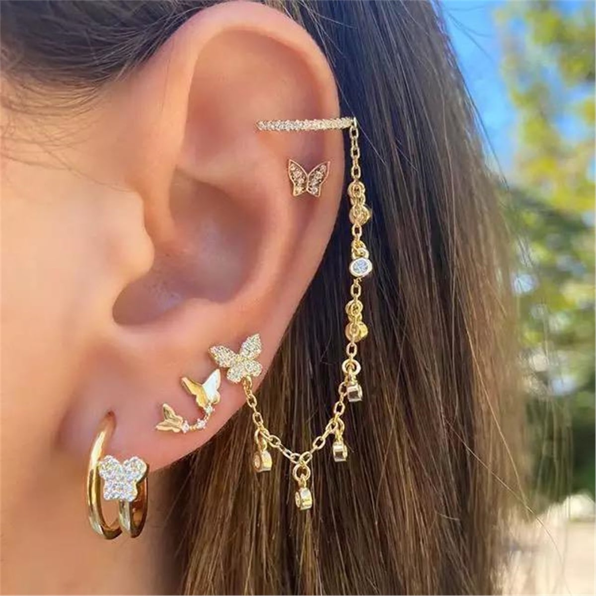 Kelebekli Kulak Aksesuarı Piercing Küpe Seti