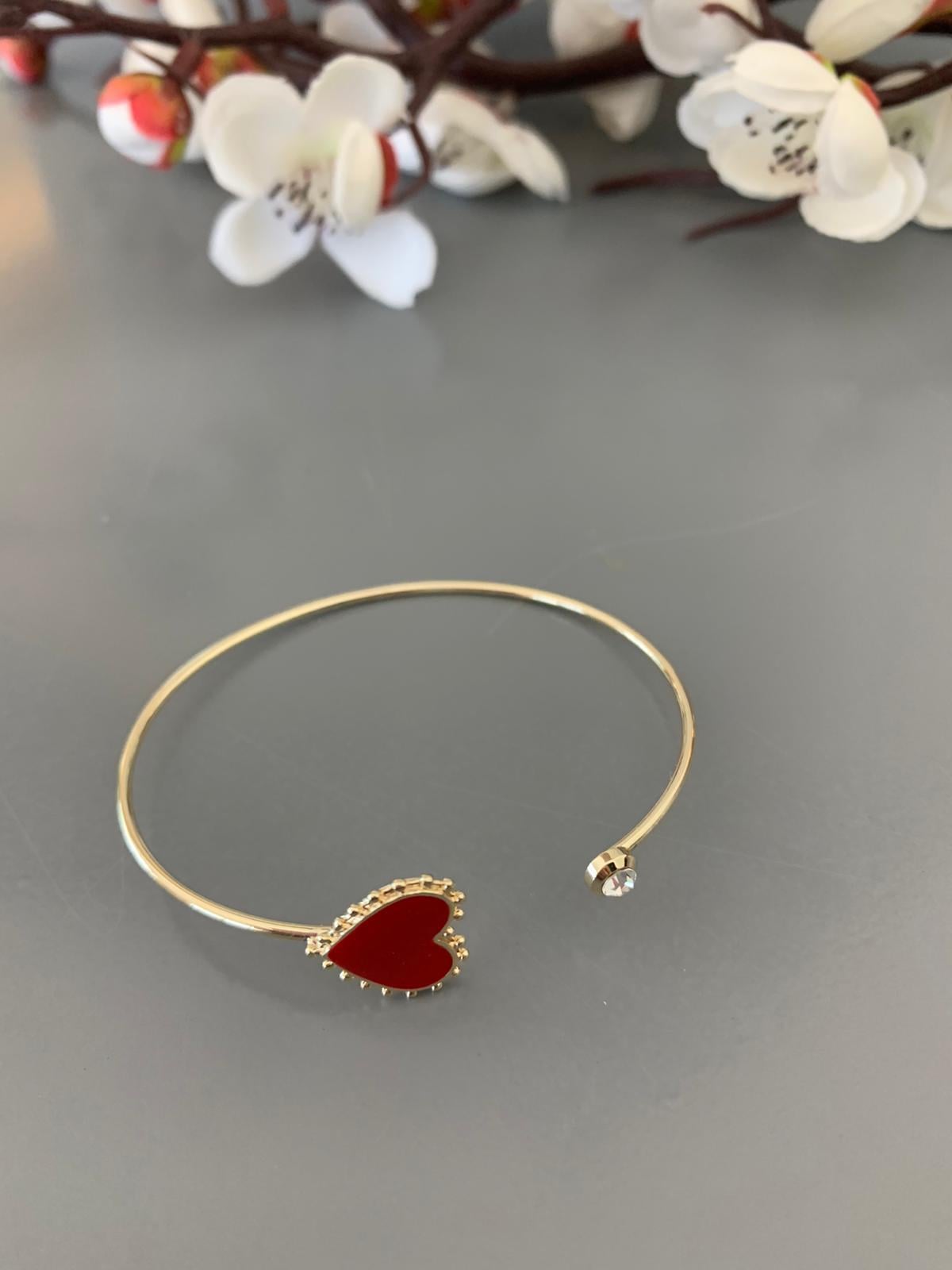 Kırmızı Kalp Taşlı İnce Bileklik