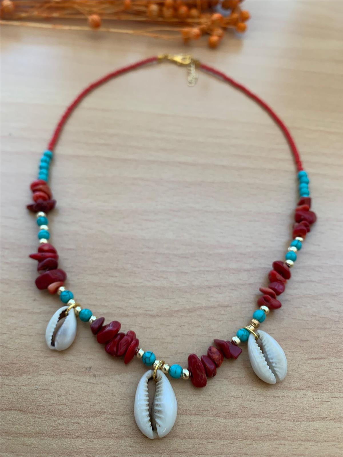 Kırmızı Mercan ve Turkuaz Taşlı Deniz Kabuklu Kolye