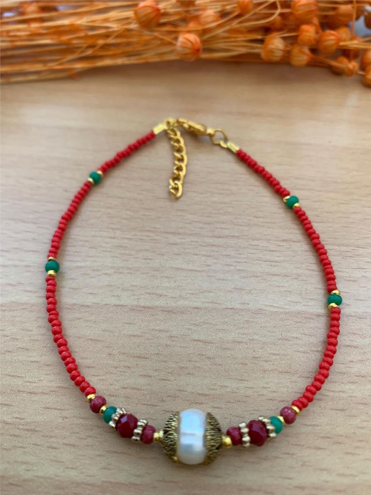 Kırmızı Yeşil Boncuklu İncili Halhal