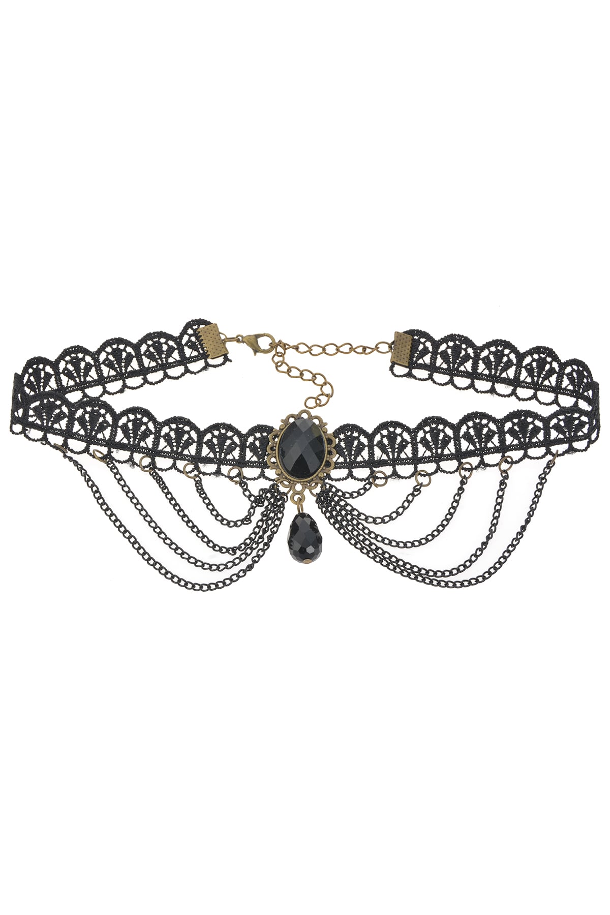 Kristalli Siyah Dantelli Gothic Kolye