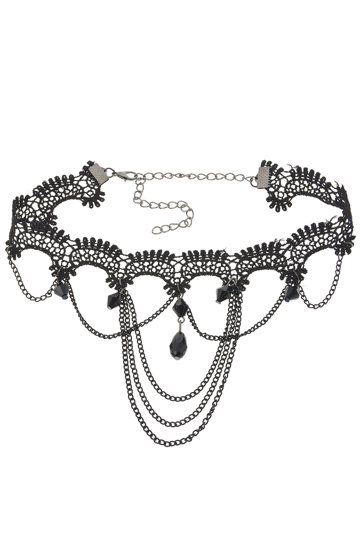 Kristalli Siyah Dantelli Gothic Kolye