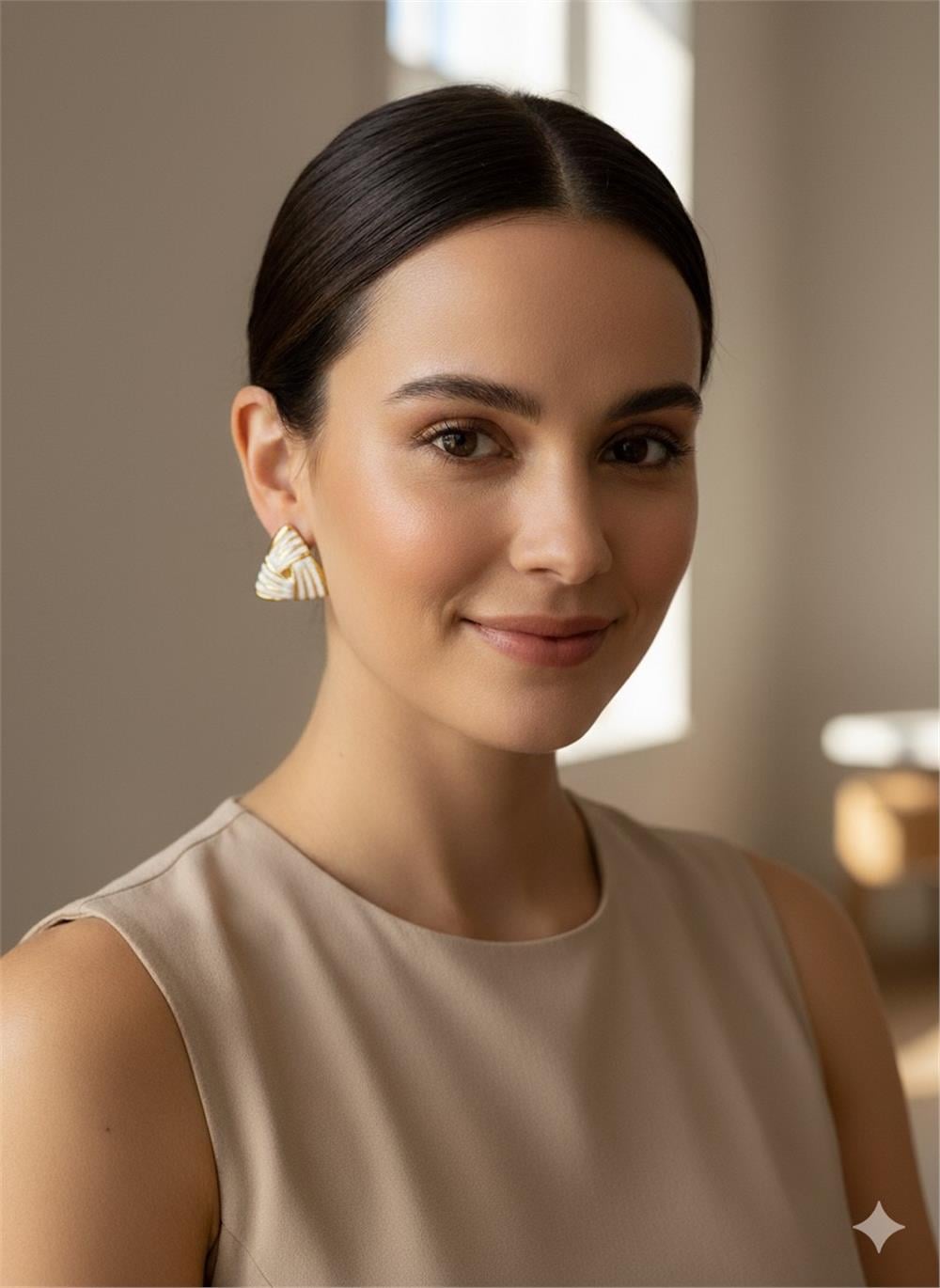 Krem Üçgen Çelik Küpe
