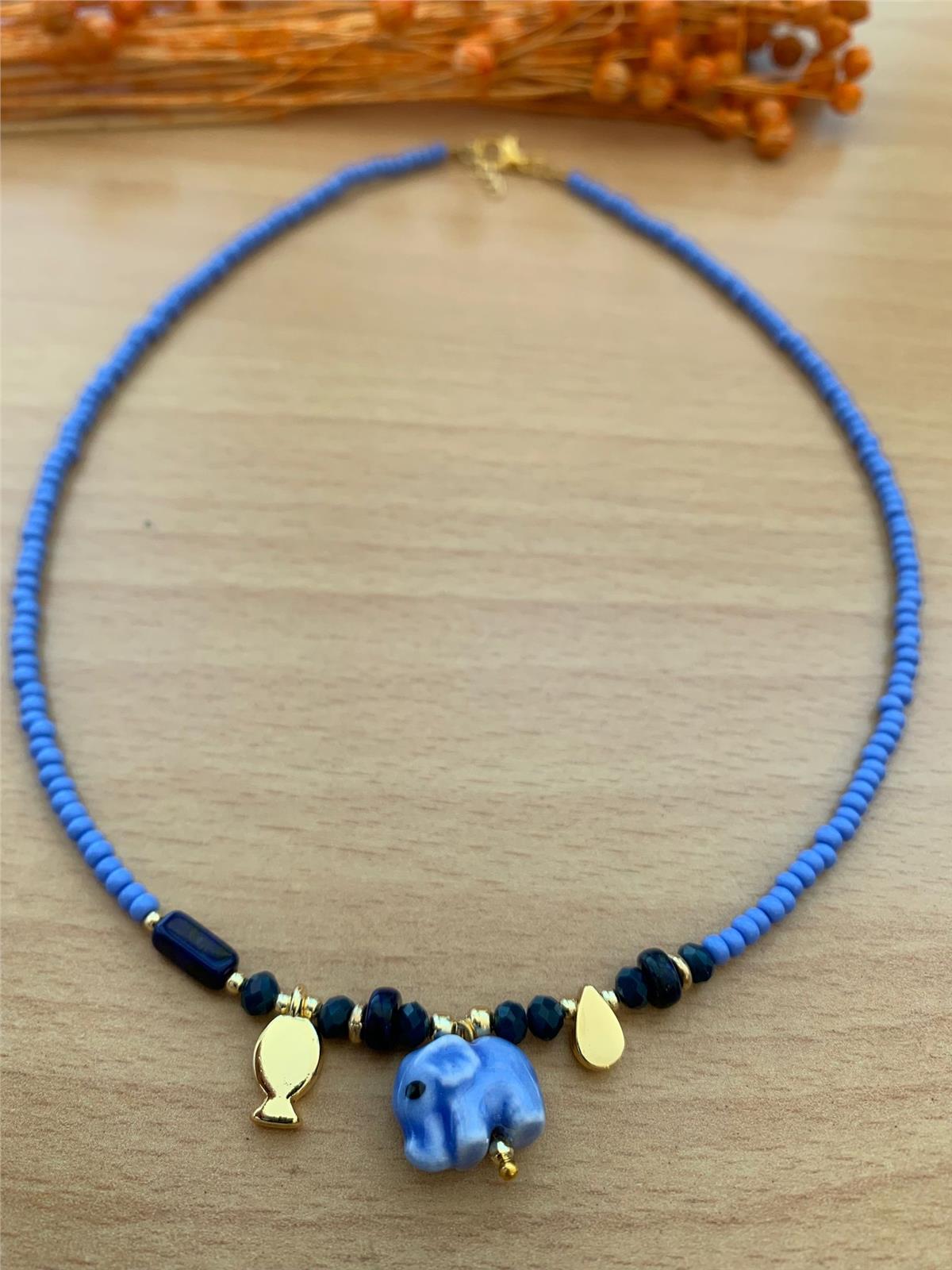 Lila Mavi Tonlu Fil Figürlü Kolye