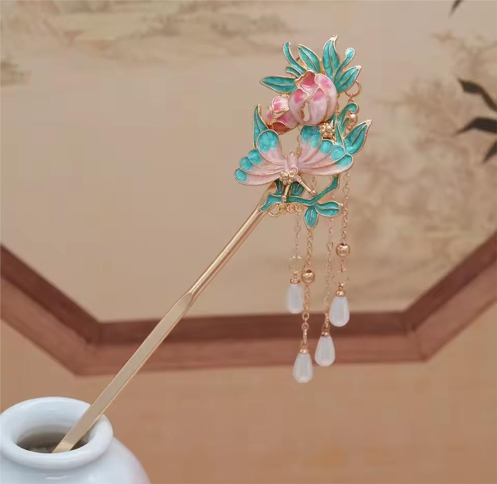 Mavi Pembe Çiçekli Japon Topuz Çubuk Toka