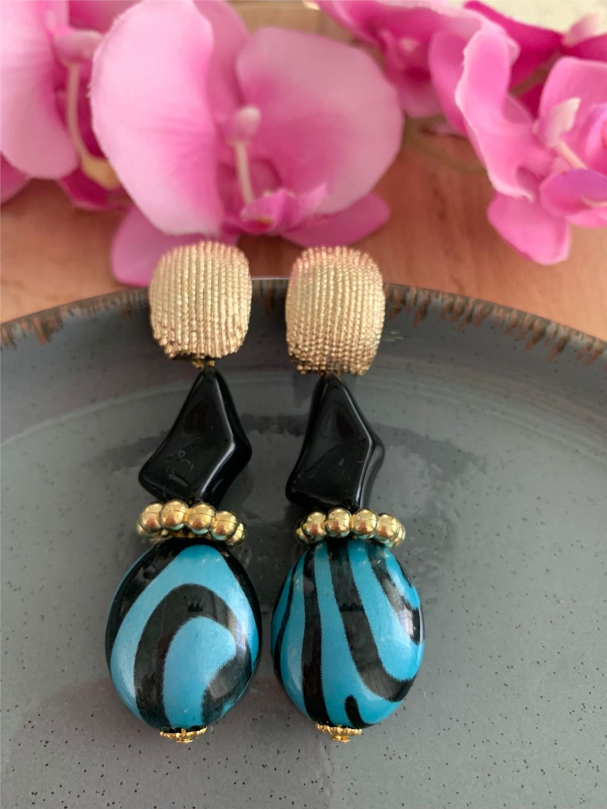 Mavi Siyah Çizgili Tasarım Küpe