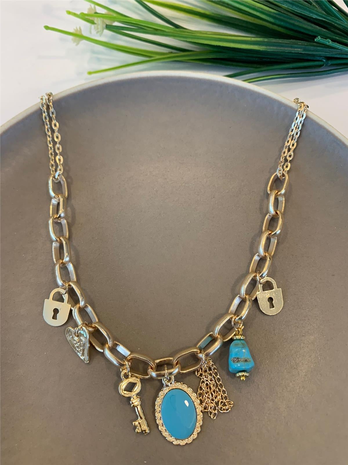 Mavi Taşlı Charm Kolye