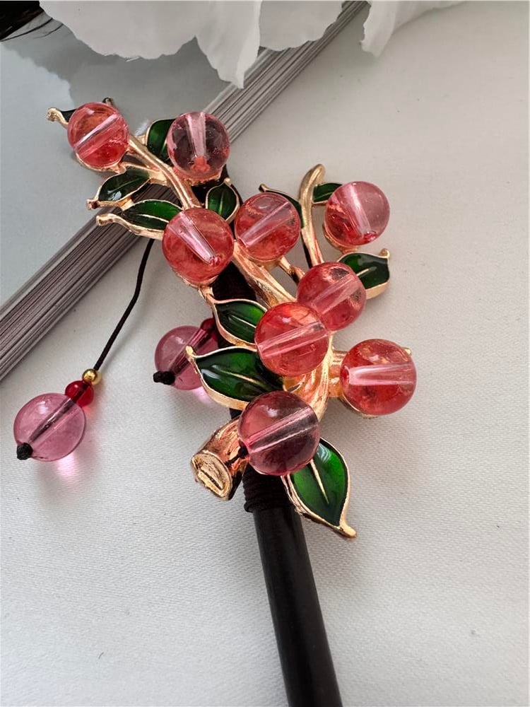 Mercan Pembe Top Boncuklu Japon Topuz Çubuk Toka