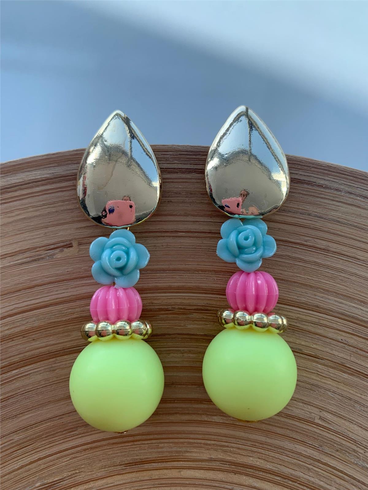 Neon Sarı Mavi Çiçekli Tasarım Küpe
