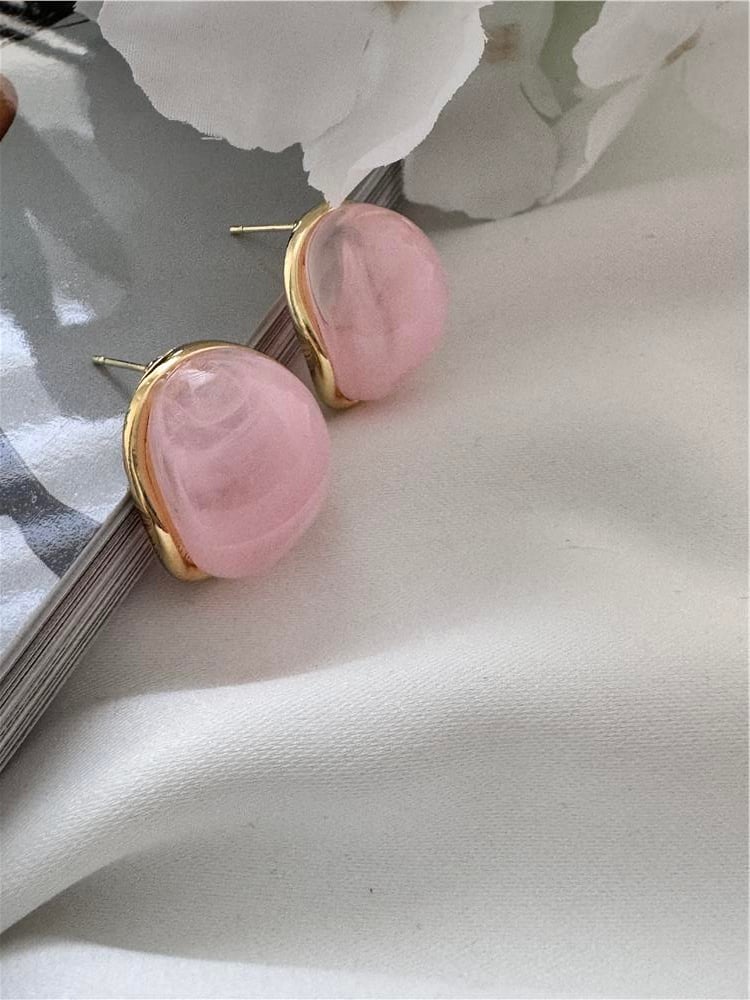 Pembe Alacalı Taşlı Bombeli Küpe