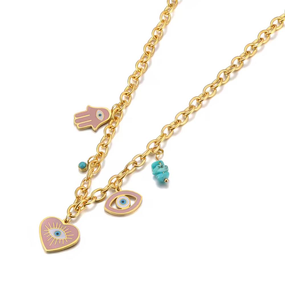 Pembe Kalp ve Göz Figürlü Charm Çelik Kolye