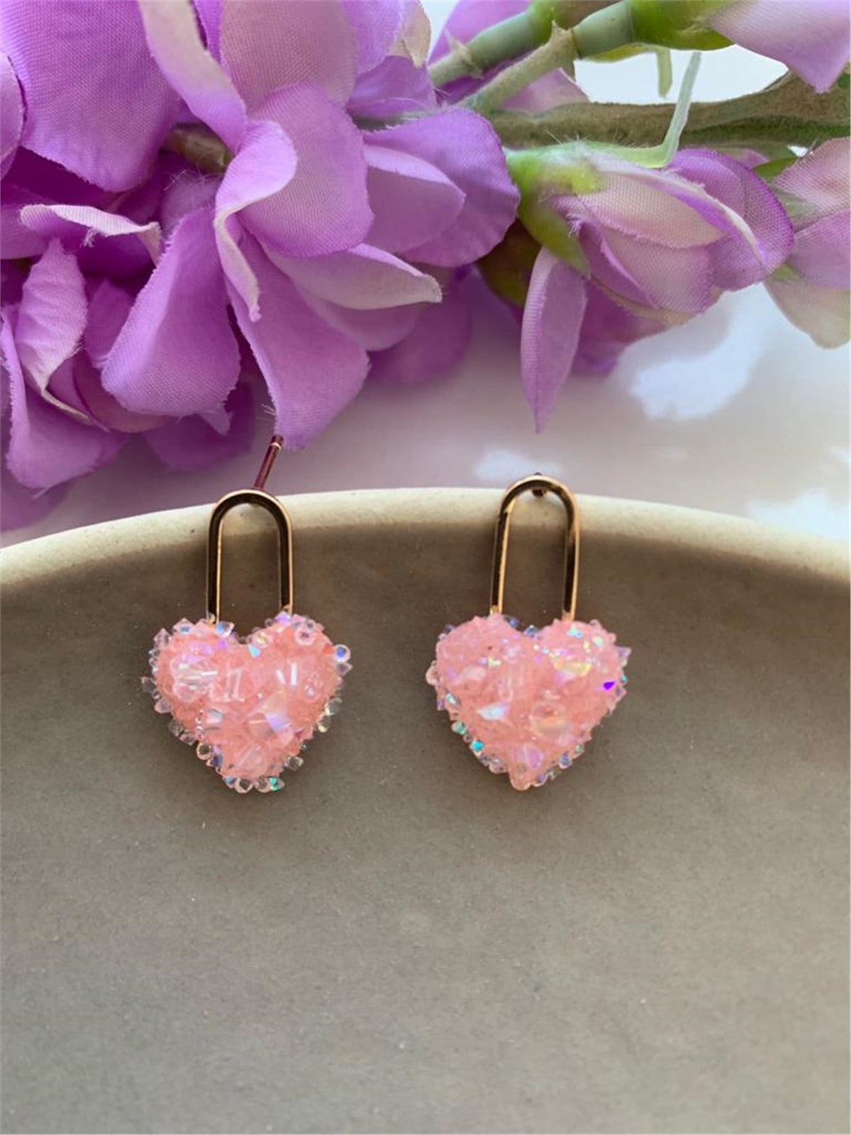 Pembe Kristal Kalp Küpe