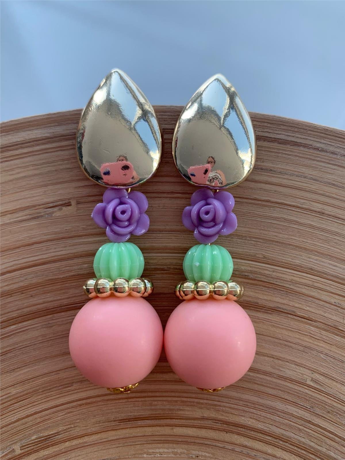 Pembe Mor Çiçekli Tasarım Küpe