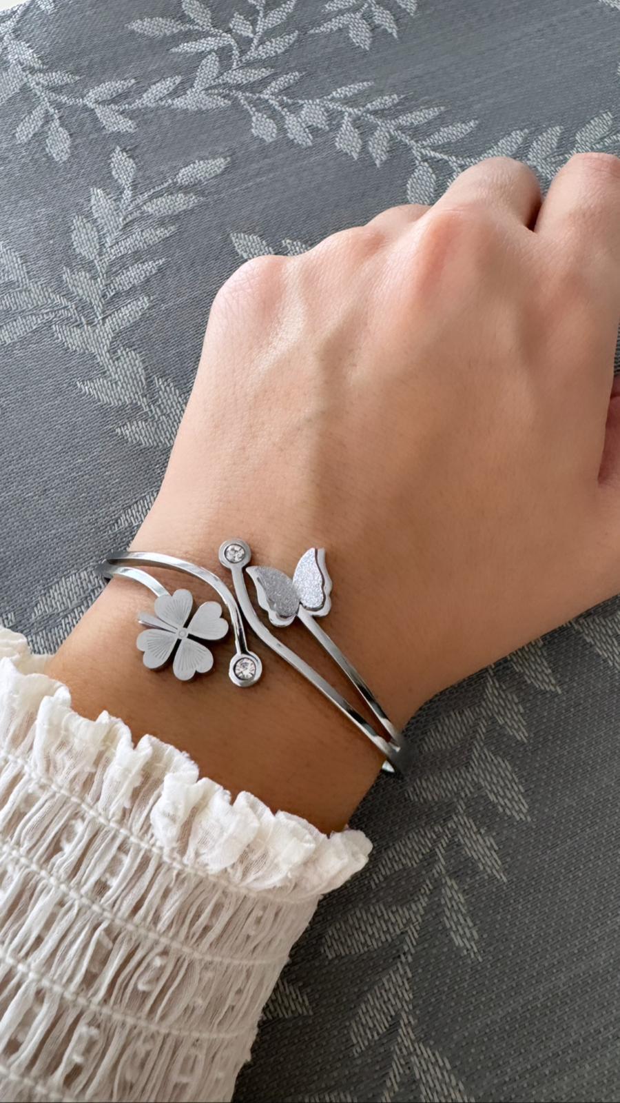 Silver Kelebek ve Yonca Detaylı 316L Çelik Bileklik