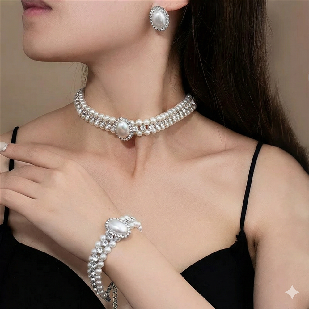 Silver Kristal Taşlı ve İncili Oval Tasarım Üçlü Takı Seti