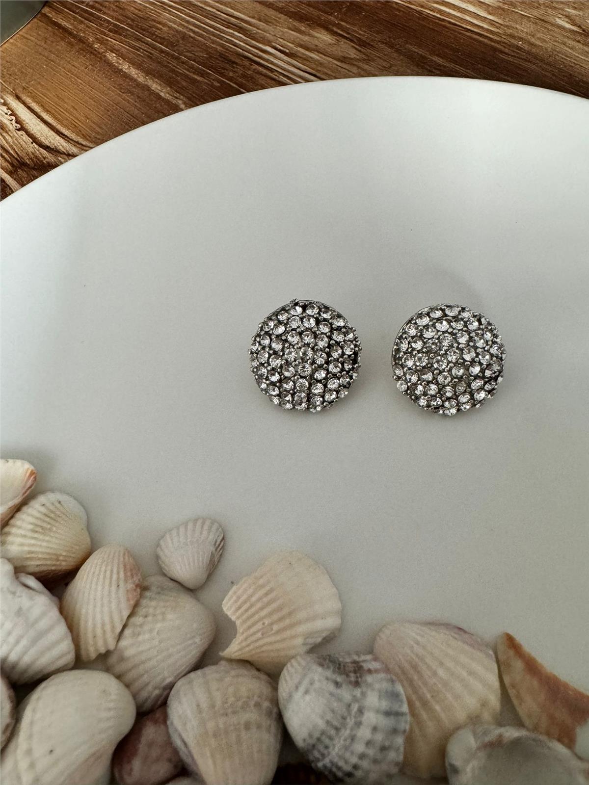 Silver Kristalli Vintage Düğme Küpe