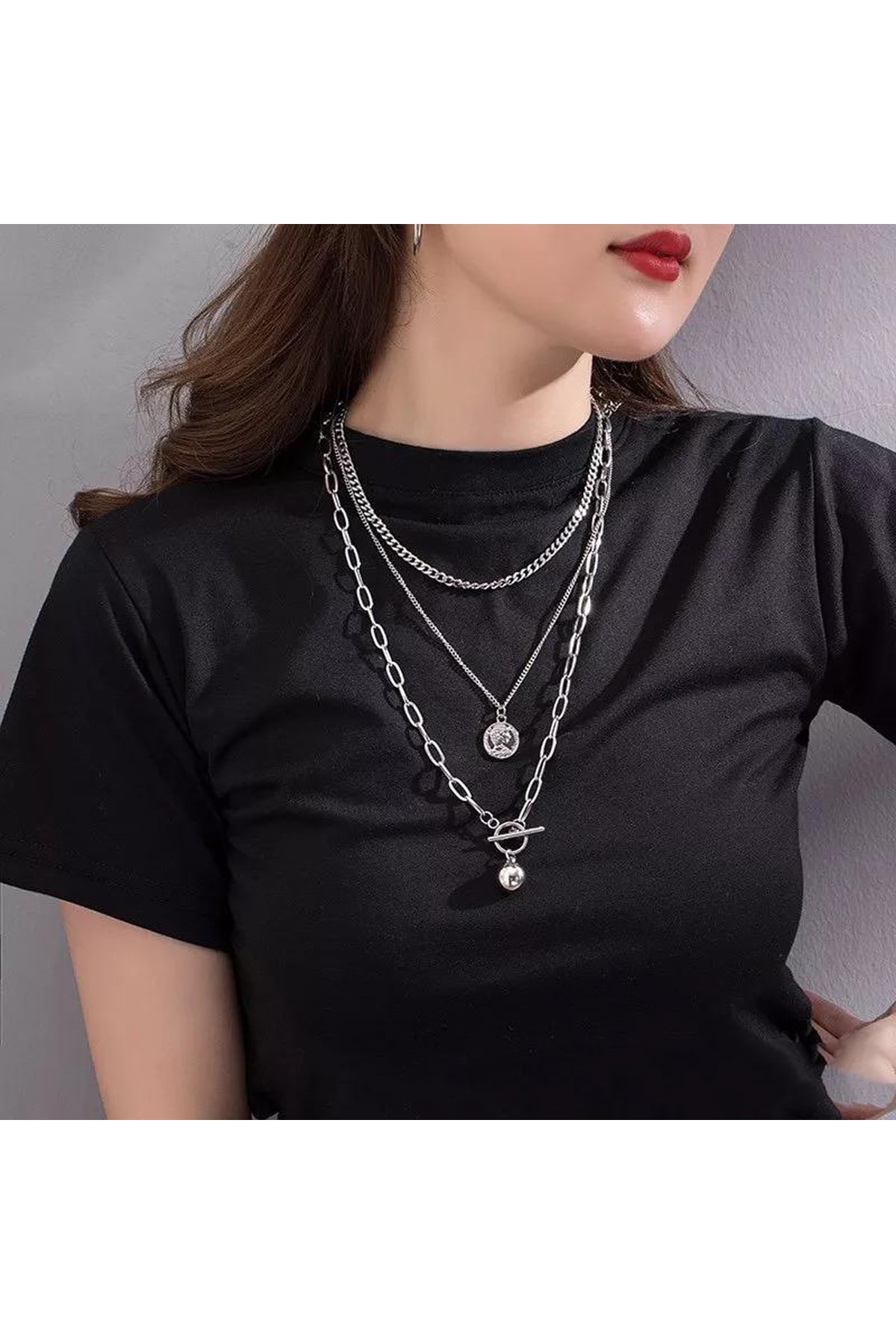 Silver Renk 3lü Zincir Kolye