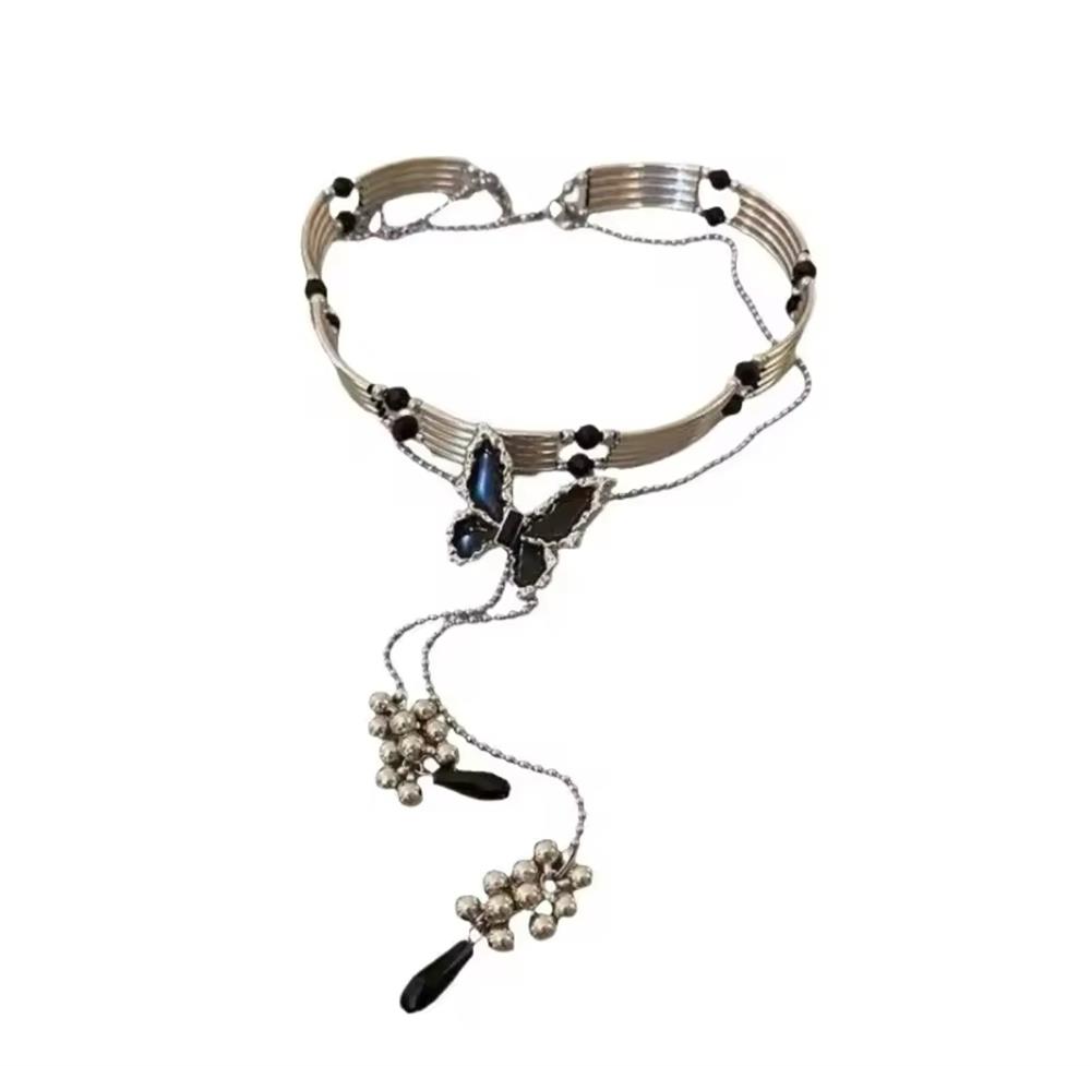 Siyah Kelebekli 2li Silver Kolye