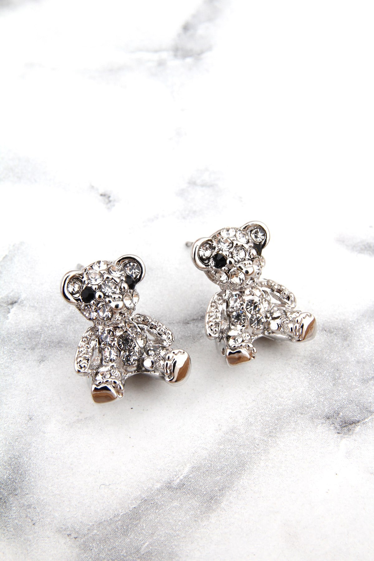 Taşlı Mini Ayıcık Küpe -Silver Renk