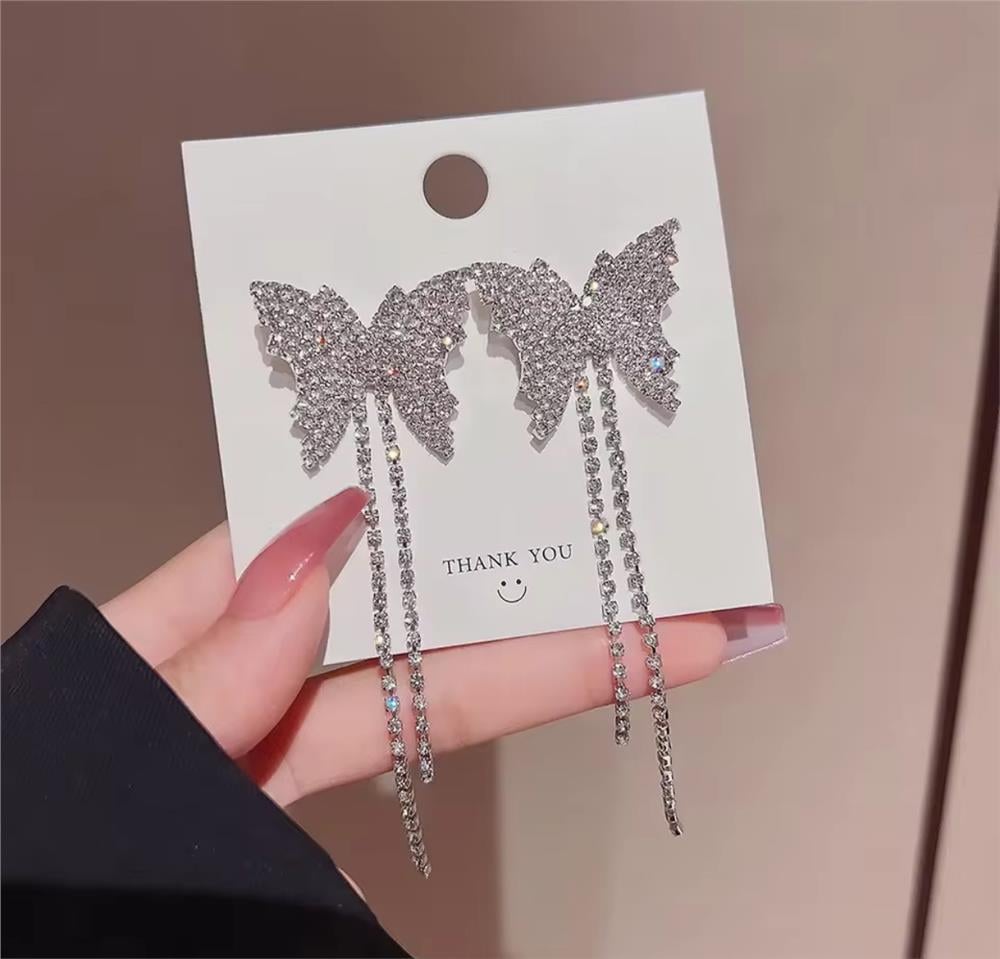 Taşlı Silver Kelebek Uzun Küpe