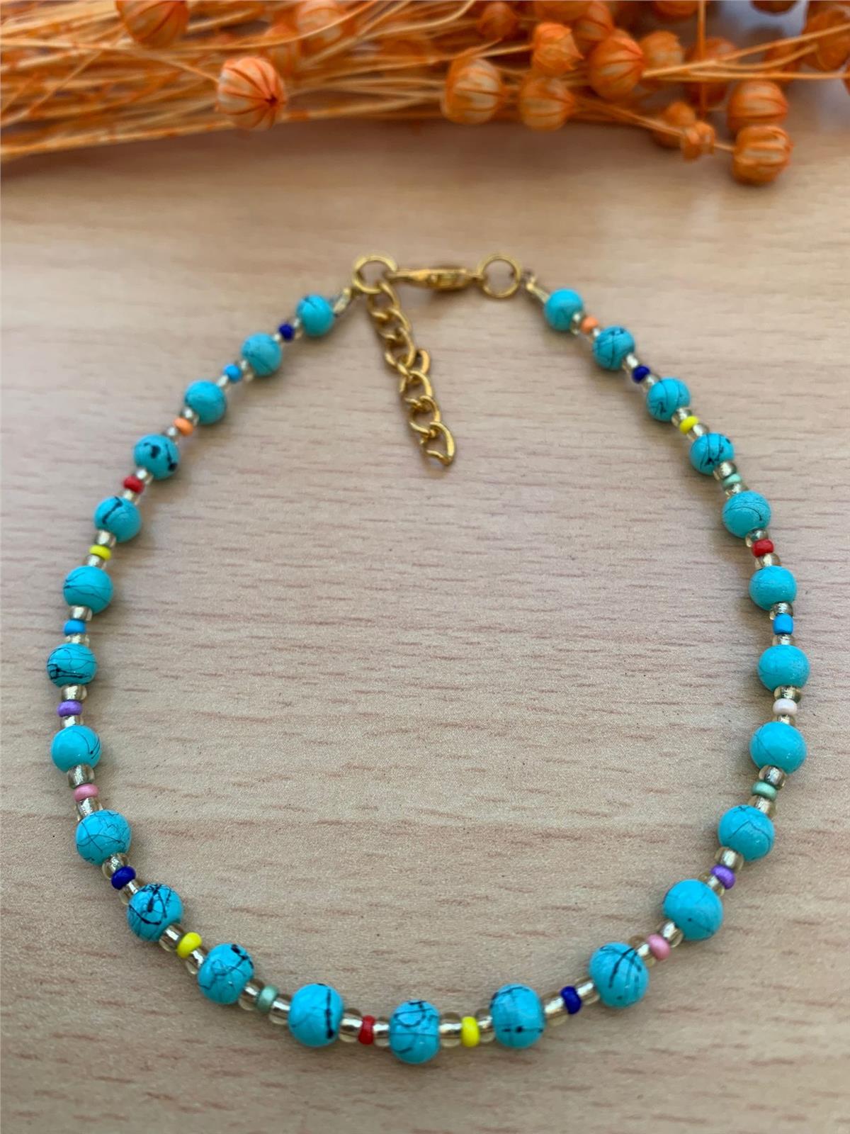 Turkuaz Renkli Kum Boncuklu Halhal