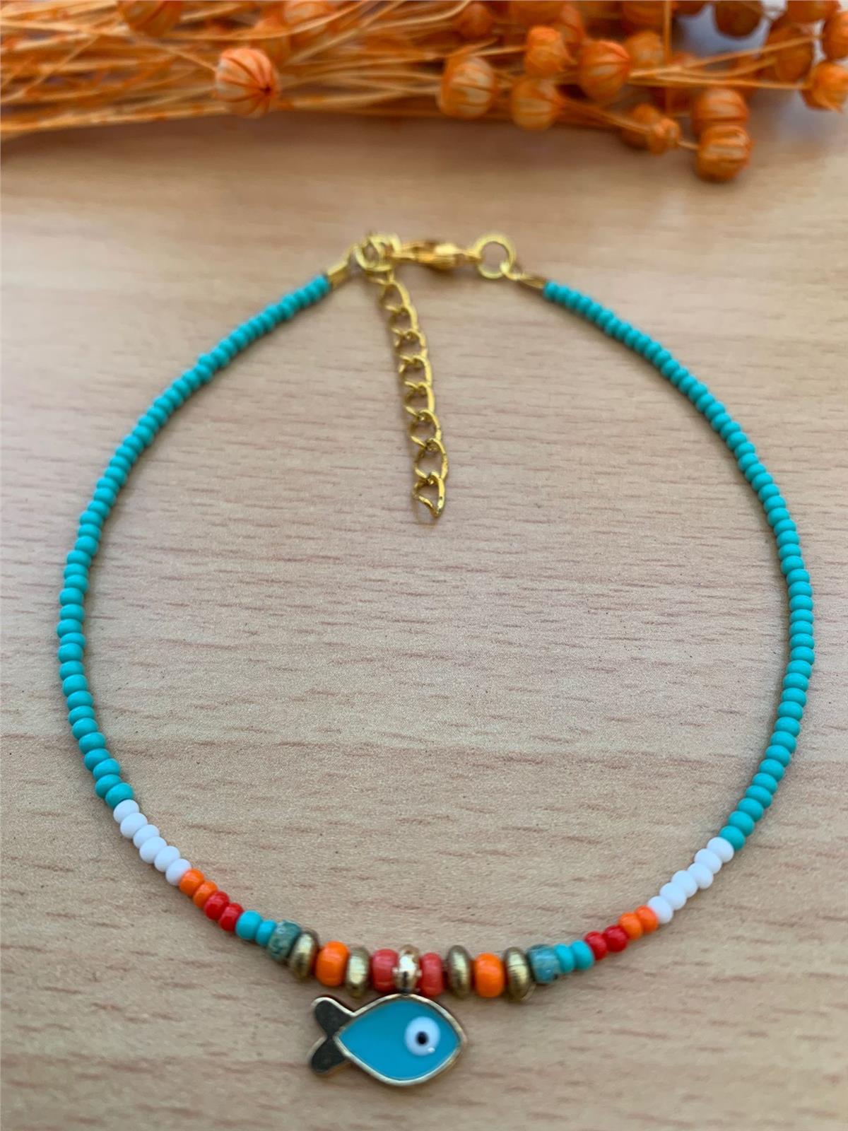 Turuncu Mavi Boncuklu Balık Halhal